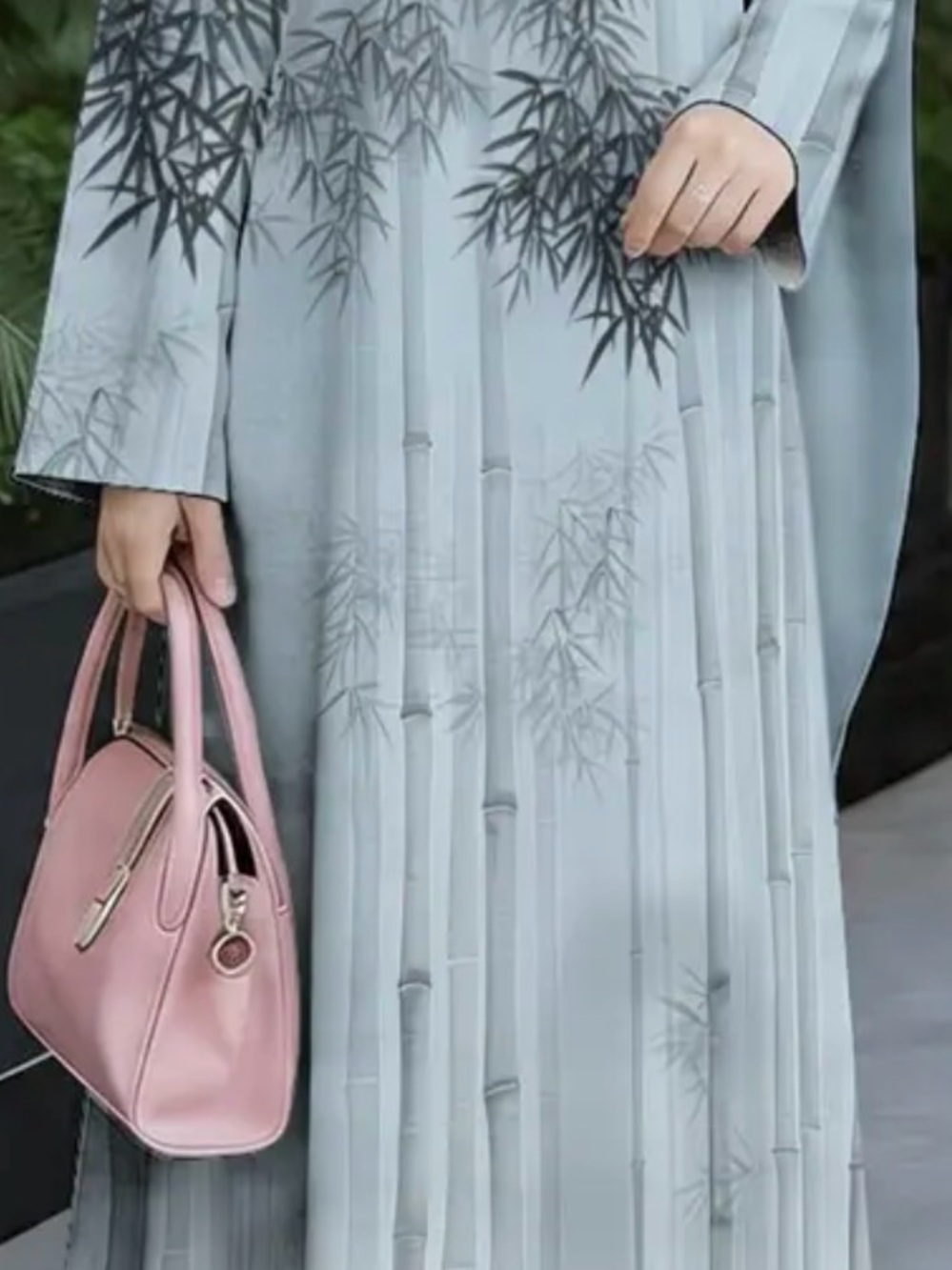 Light Gray Bamboo-Print Long Sleeve Dress
